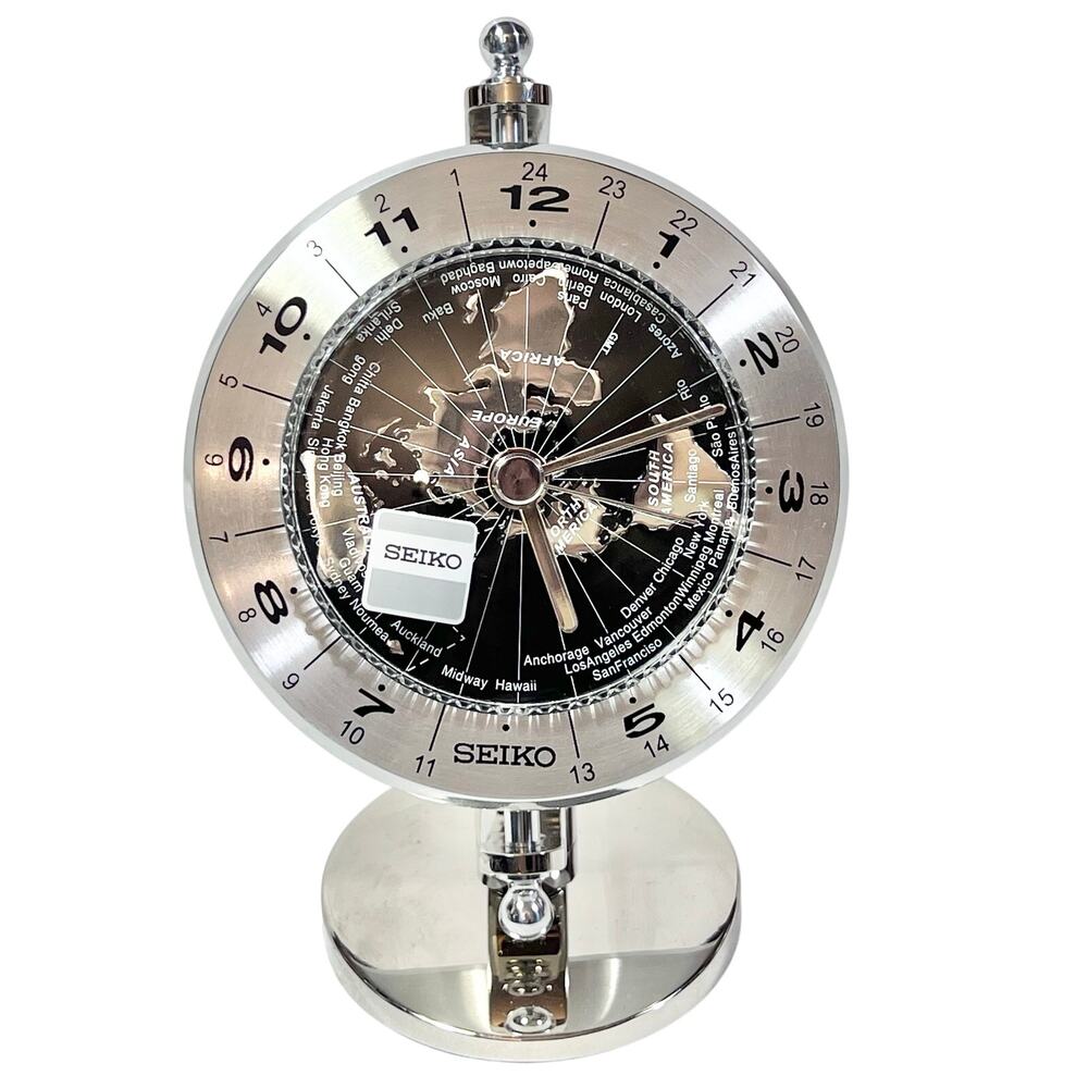 Seiko World Time Globe Desk Table Clock Silver-Tone QHG106S New
